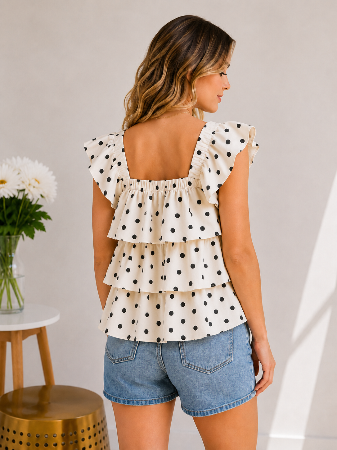 Woman wearing a polka dot blouse and denim shorts in a minimal indoor setting.