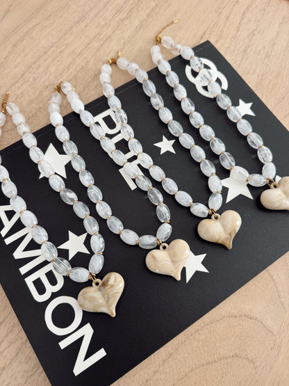 White Beaded Hannah Heart Pendant Necklace