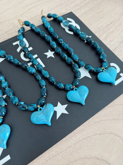 Blue Beaded Hannah Heart Pendant Necklace