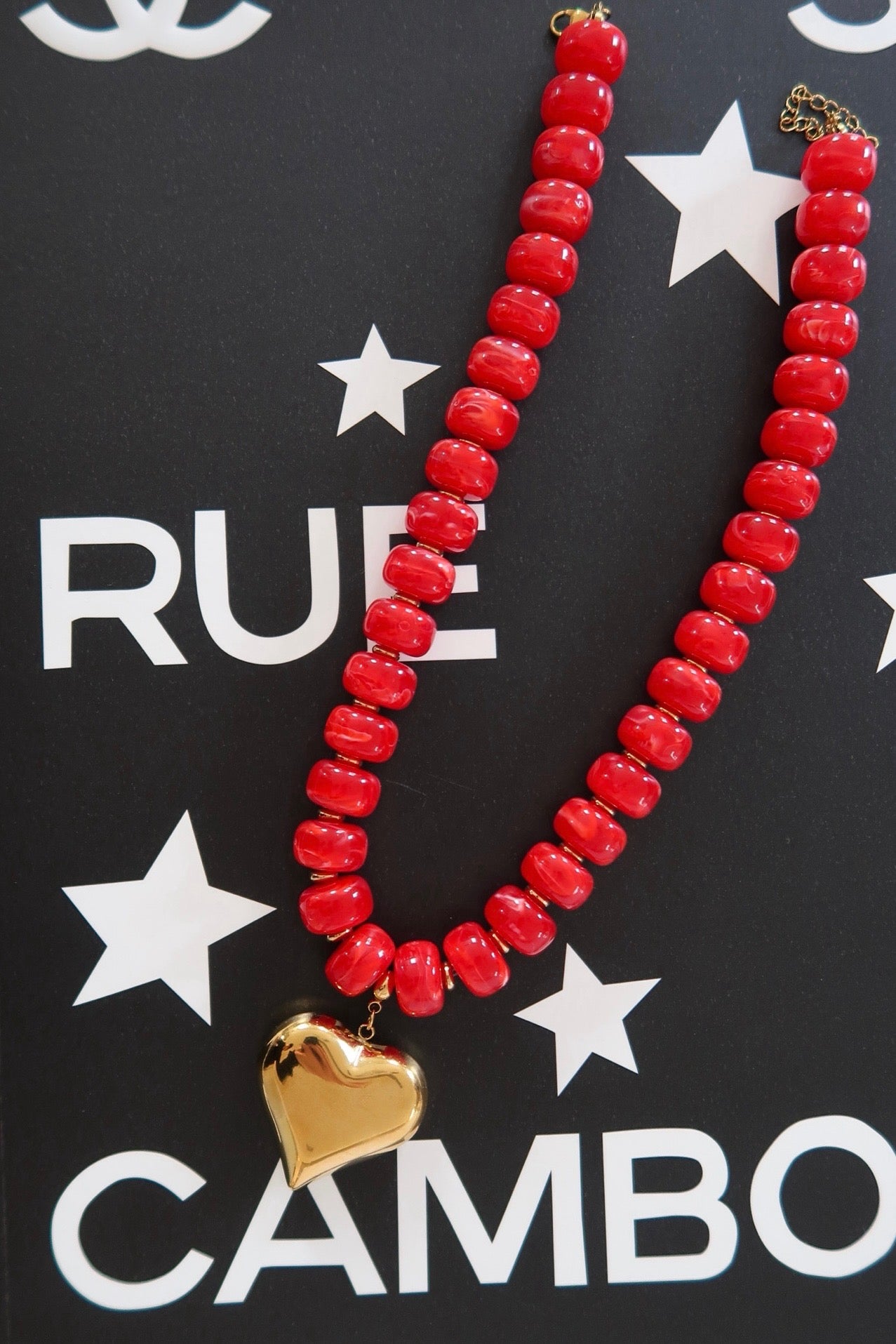 Red Beaded Gold Pendant Heart Necklace