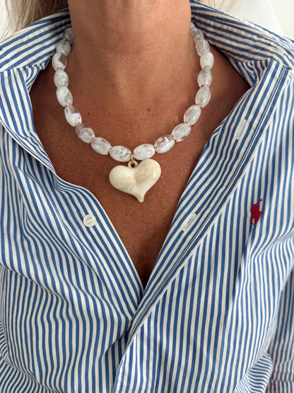 White Beaded Hannah Heart Pendant Necklace