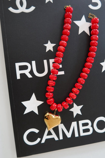 Red Beaded Gold Pendant Heart Necklace
