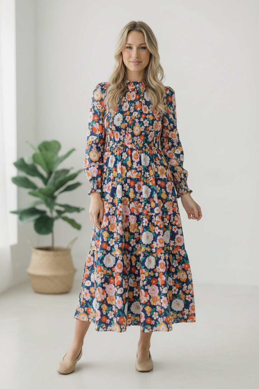 Woman wearing a floral dress standing in a bright room with a plant.