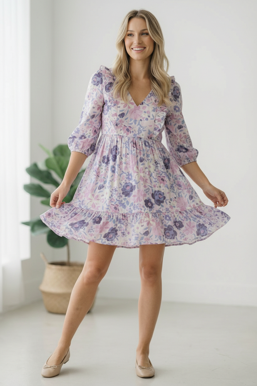 Woman wearing a floral dress standing indoors with a plant in the background