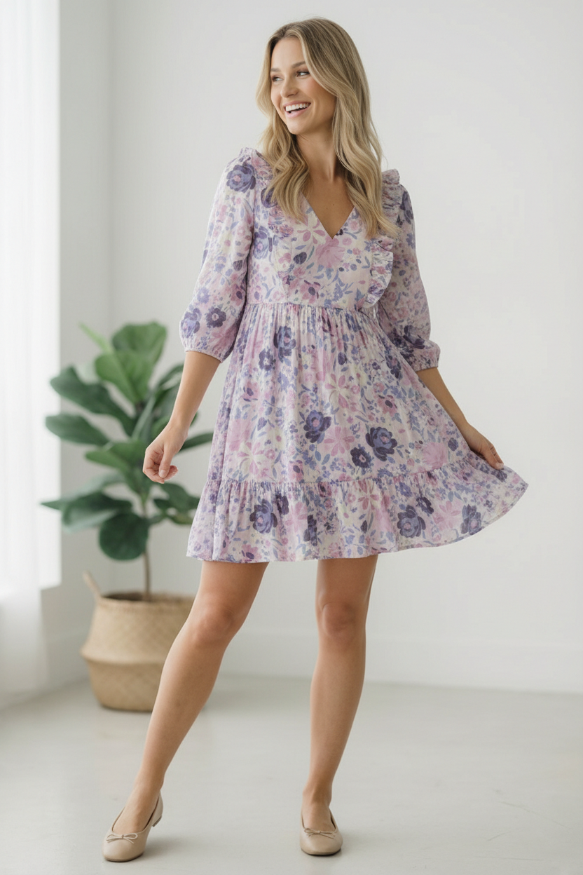 Woman wearing a floral dress standing in a room with a plant in the background