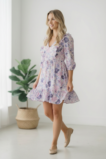 Woman wearing a floral dress standing in a bright room with a plant.