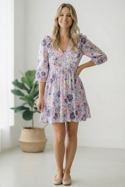Woman wearing a floral dress standing in a bright room with a plant in the background