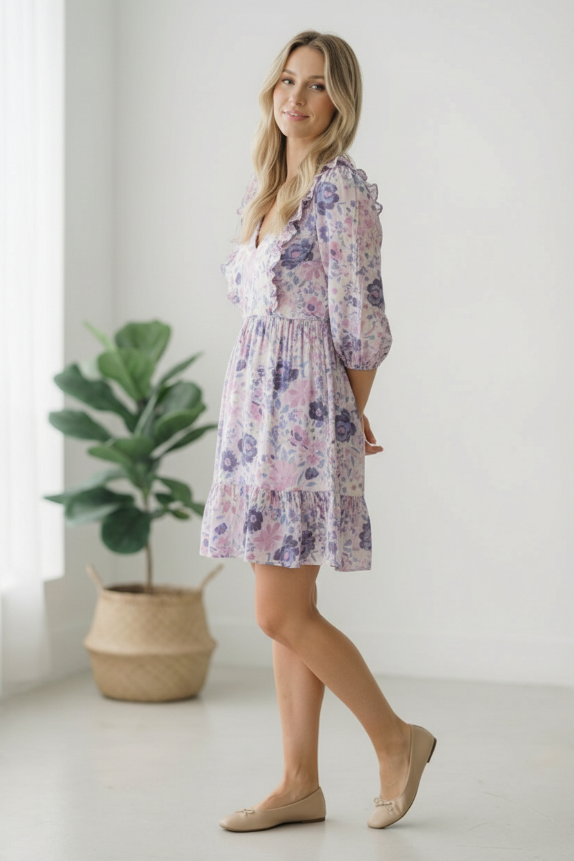 Woman wearing a floral dress standing in a bright room with a plant in the background