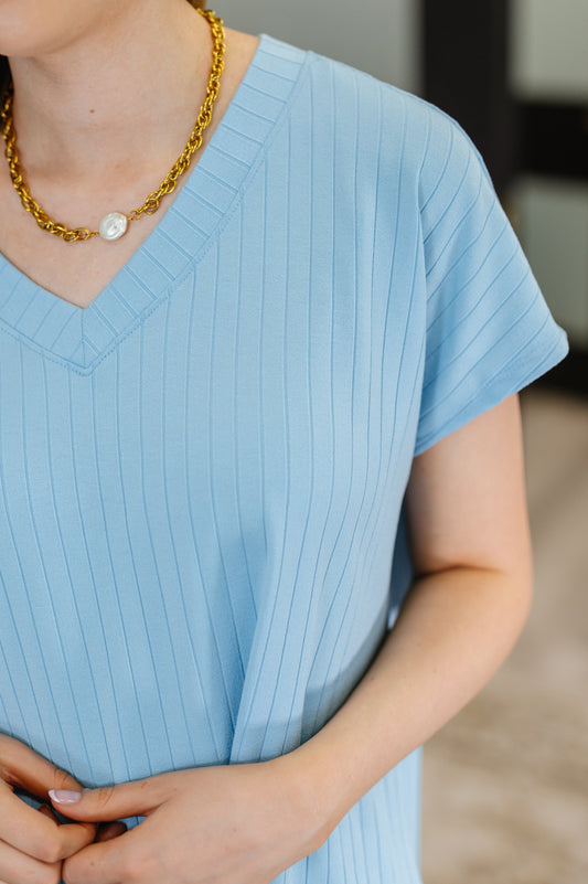 Top Shelf Basic V-Neck Ribbed Tee in Sky Blue