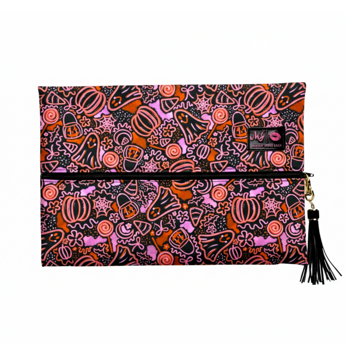 Halloween-themed pouch with pumpkins, ghosts, and other decorations on a white background.