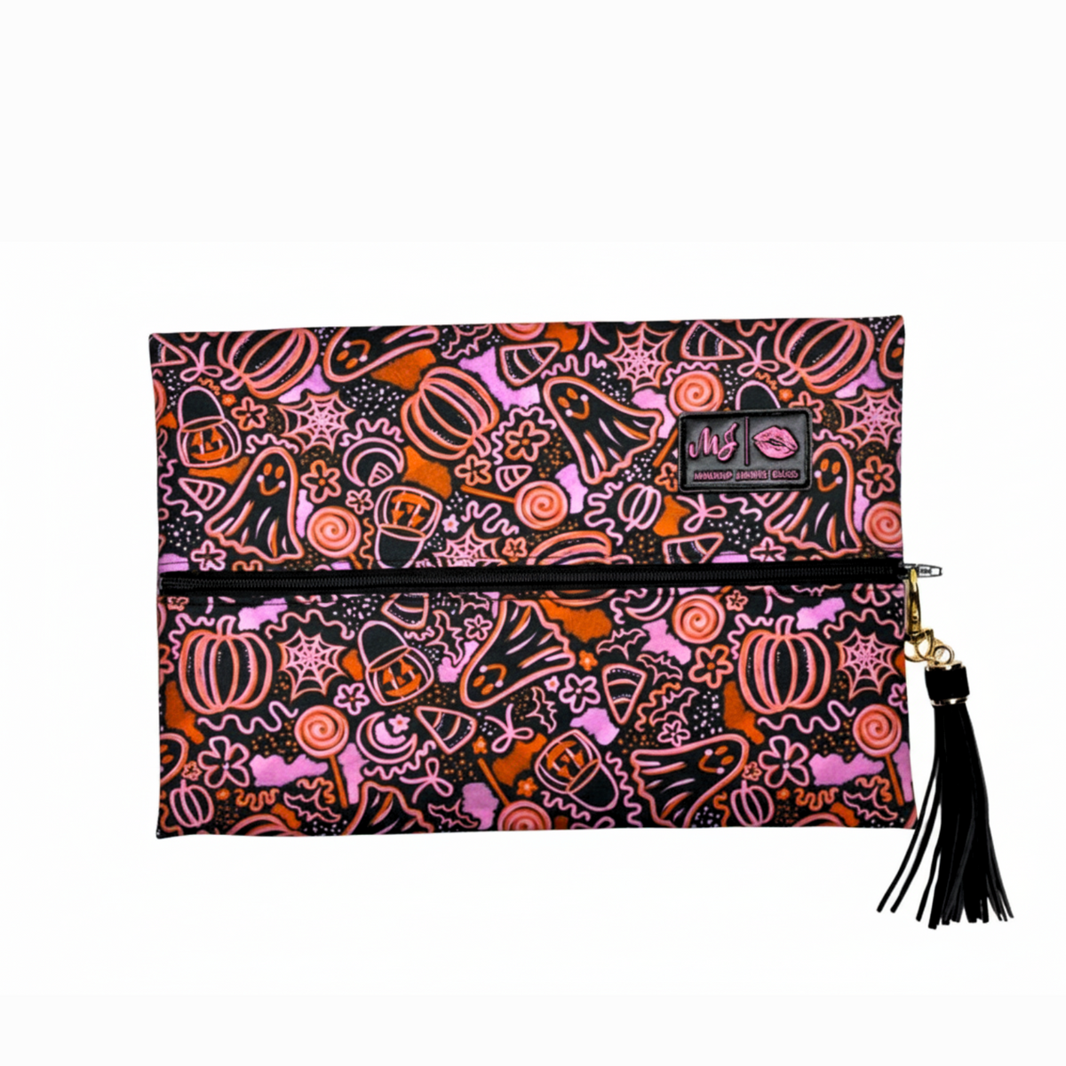 Halloween-themed clutch bag with colorful designs on a white background