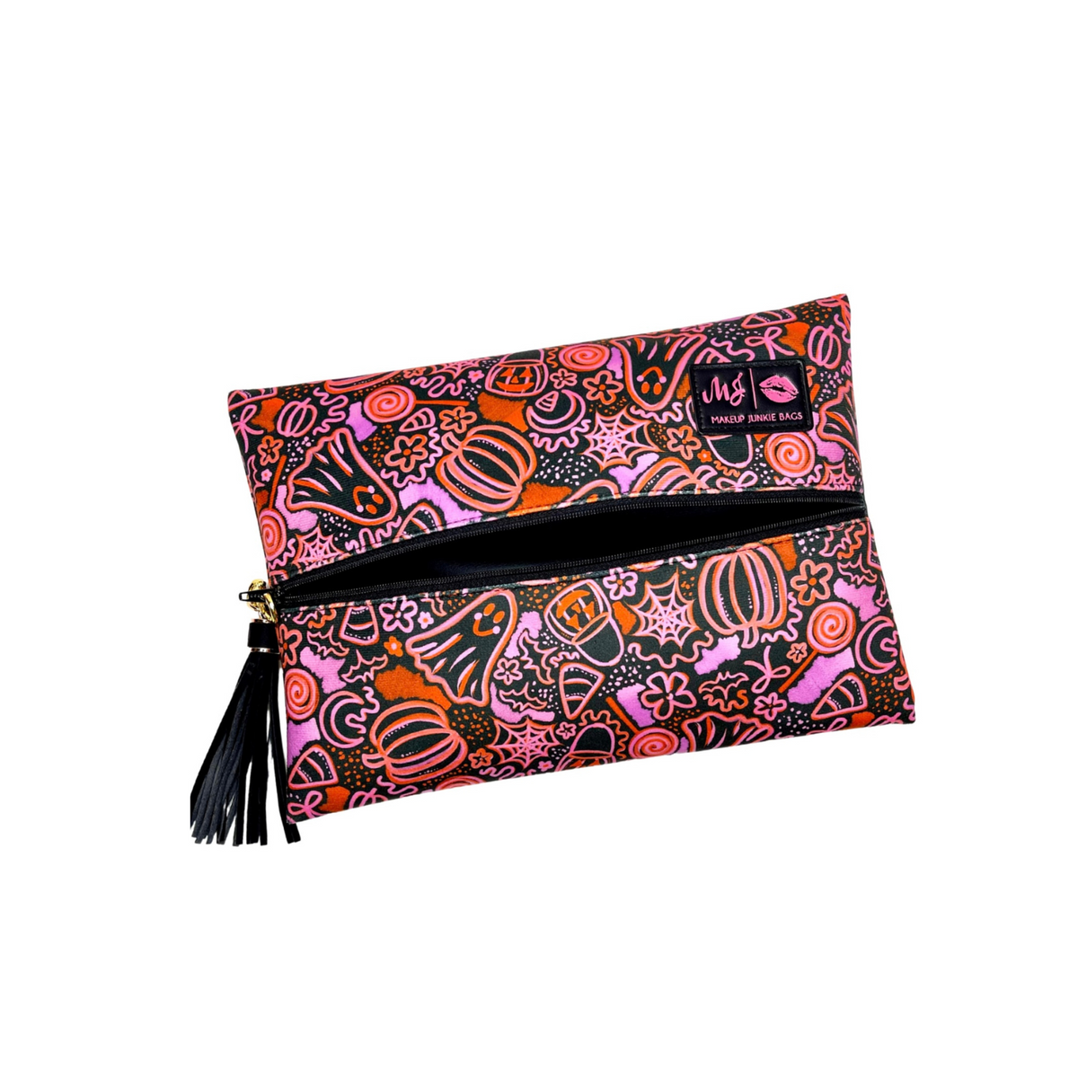 Colorful patterned pouch with a black zipper on a white background