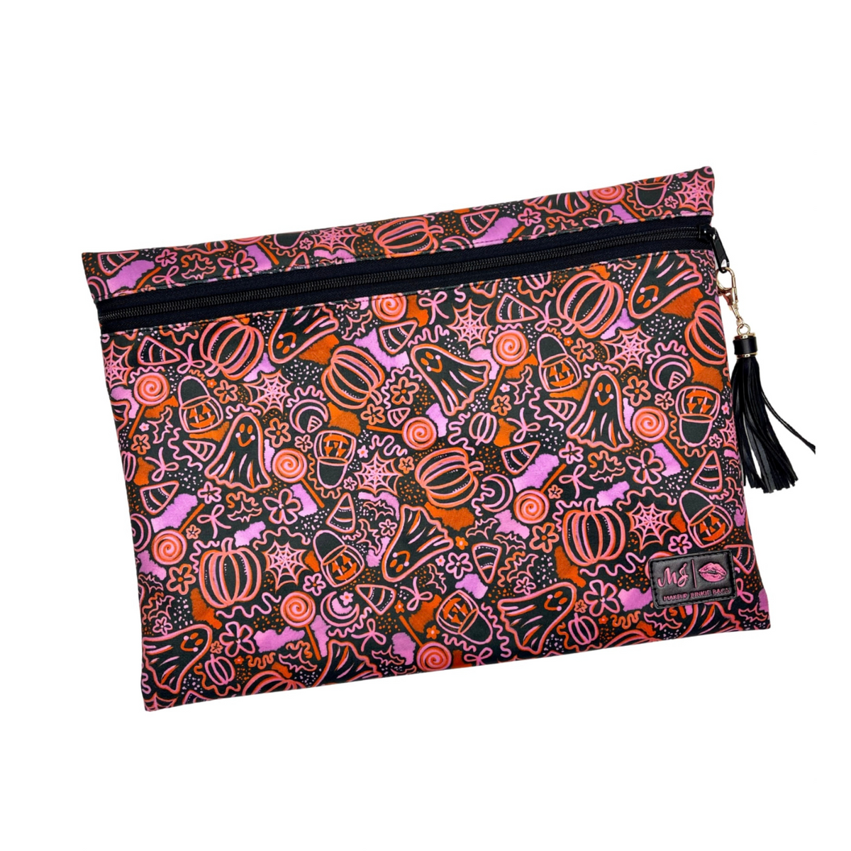 Pouch with Halloween-themed pattern on a white background