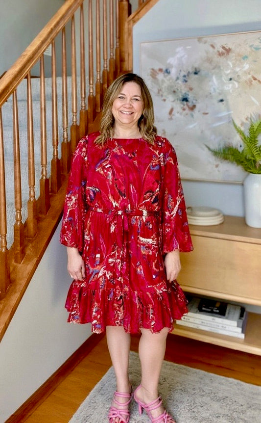 Crimson Muse Abstract Tie-Waist Dress