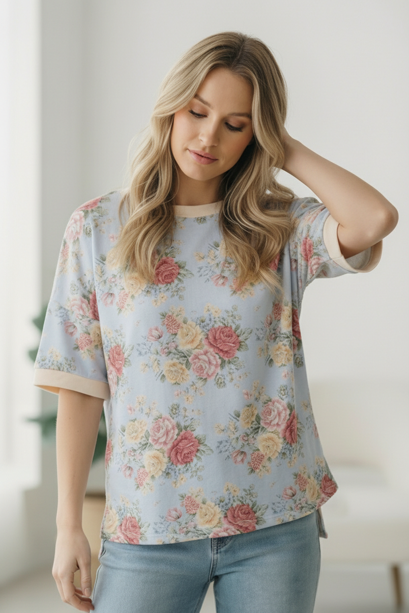 Woman wearing a floral blouse with a light background