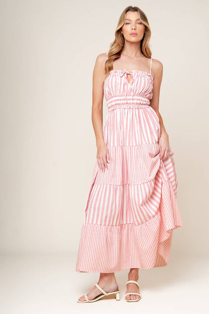 A pink and white striped dress with tiered skirt and ruffle detailing