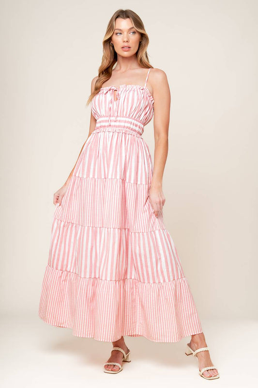 A pink and white striped dress with tiered skirt and ruffle detailing