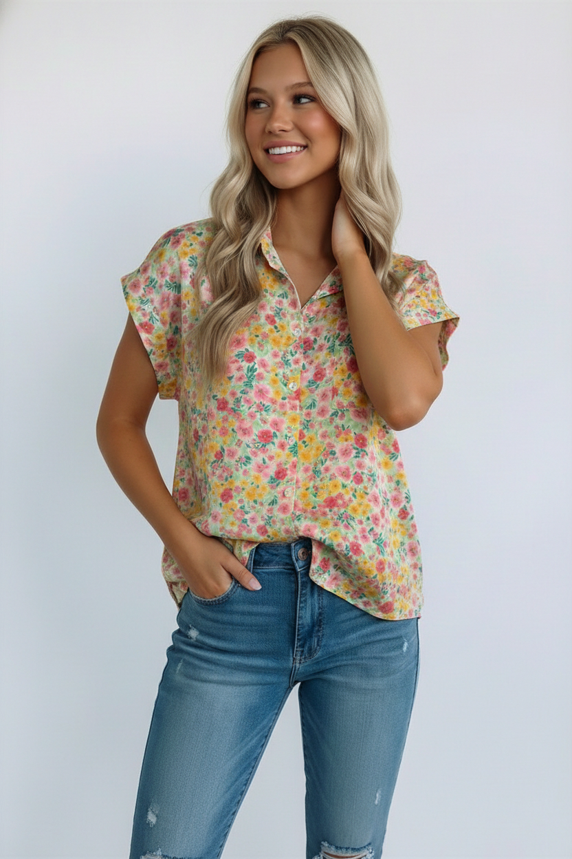 Woman wearing a floral blouse and jeans against a white background