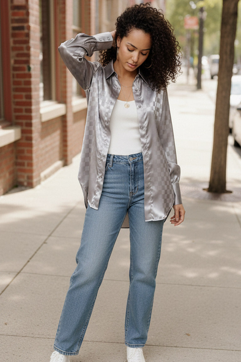 Downtown Glow Checkered Button Up Top