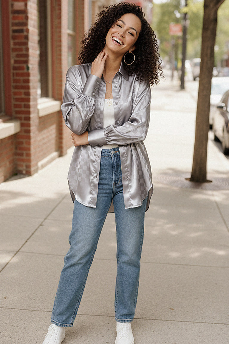 Downtown Glow Checkered Button Up Top