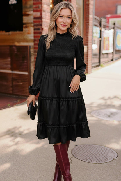 Starlit Elegance Black Long Sleeve Midi Tiered Dress