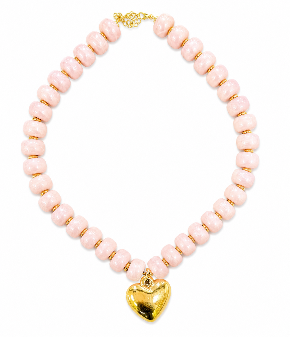 A beaded necklace featuring light pink round beads separated by small gold spacer rings, with a textured gold heart-shaped pendant hanging from the center. The necklace is displayed on a clean white background.