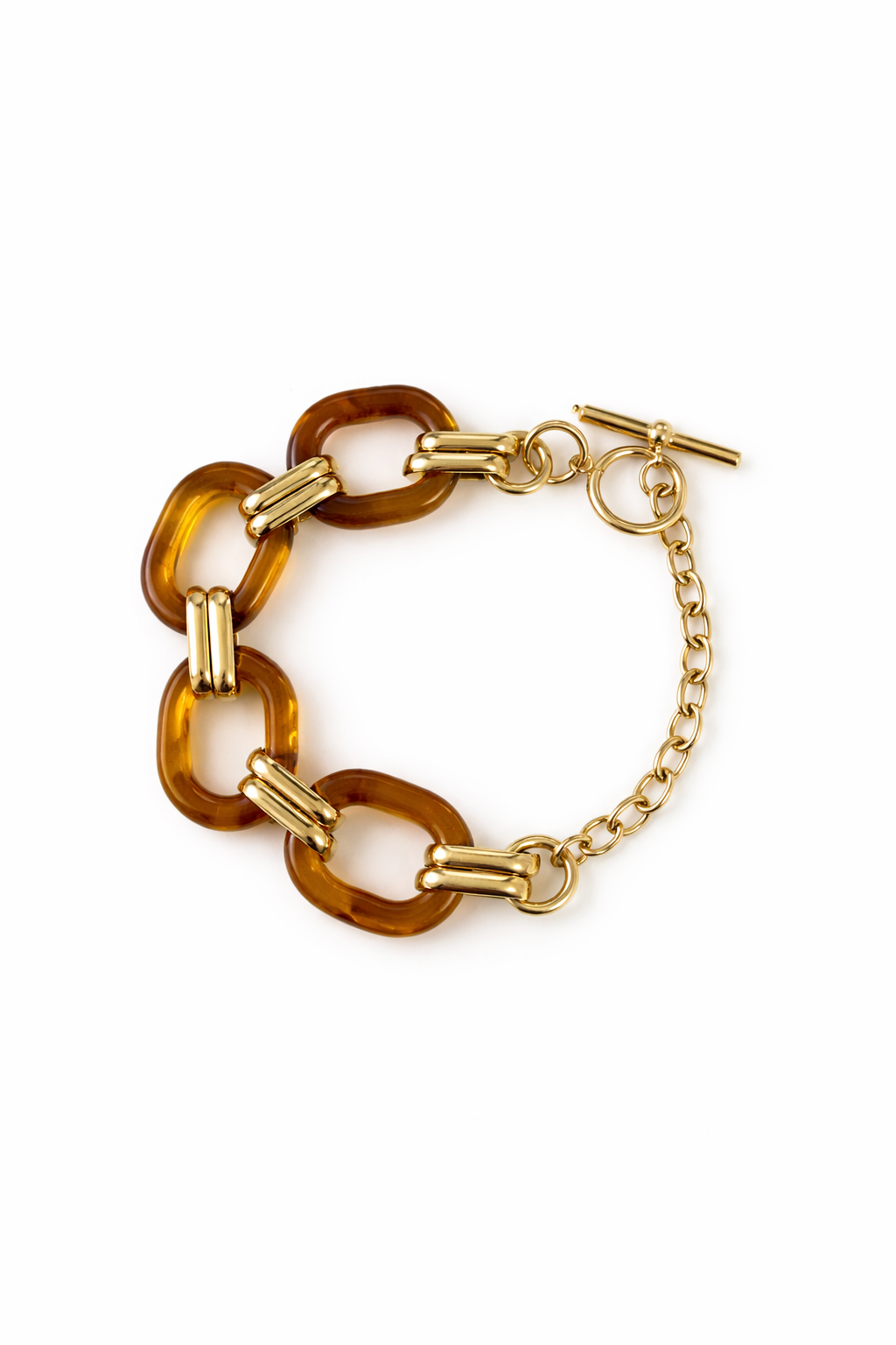Gold and amber chain bracelet on a white background