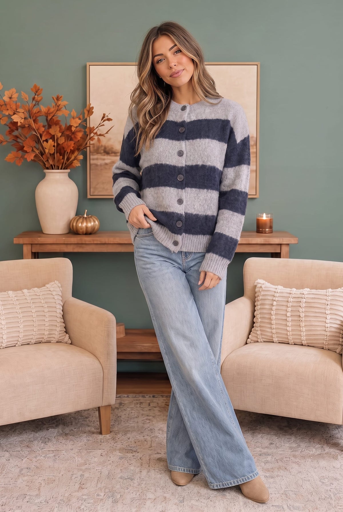 A woman stands in a styled living room wearing a fuzzy knit cardigan with wide navy and light gray horizontal stripes, paired with light-wash flare jeans and tan flats.