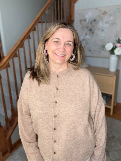 women wearing button up neutral brow long sleeve cardigan