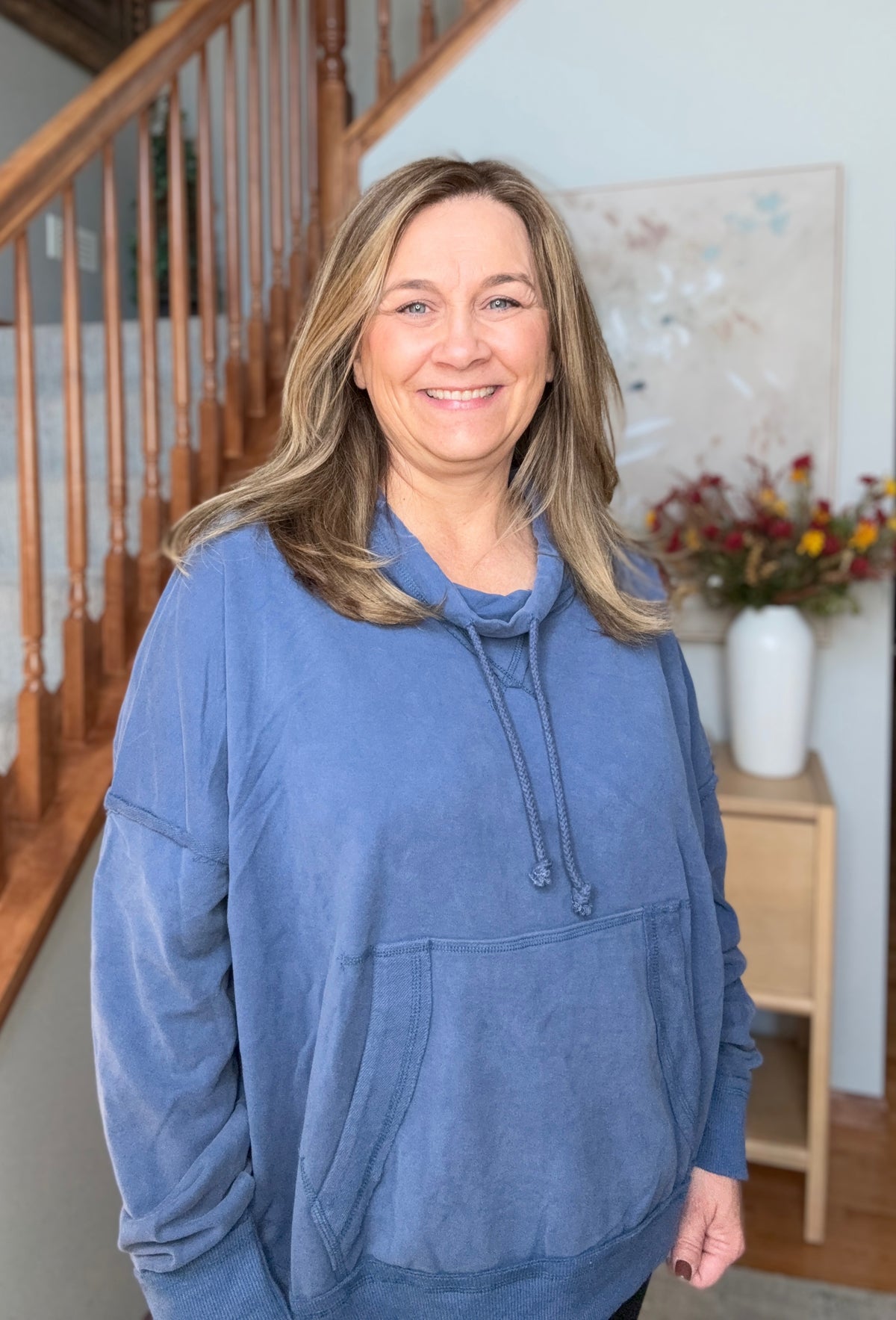 Hide and Seek Washed Cowl Neck Pullover in Blue