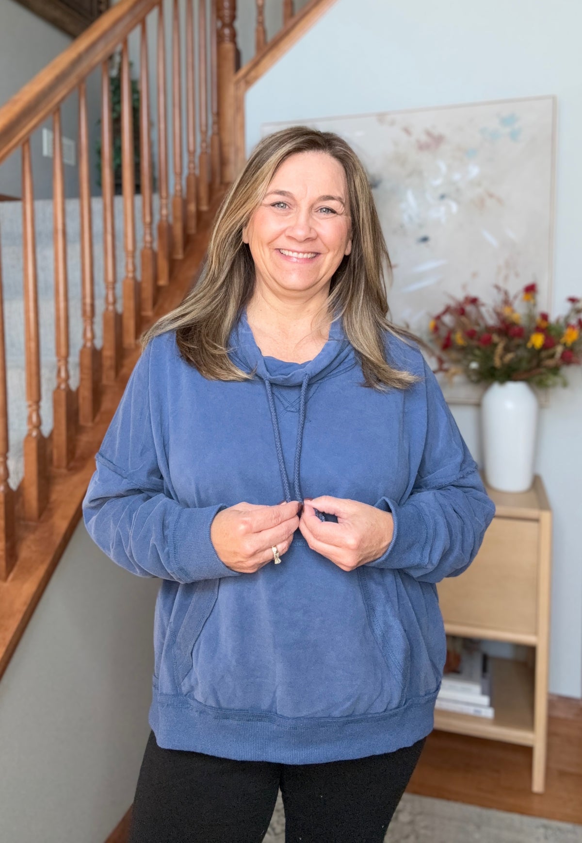 Hide and Seek Washed Cowl Neck Pullover in Blue