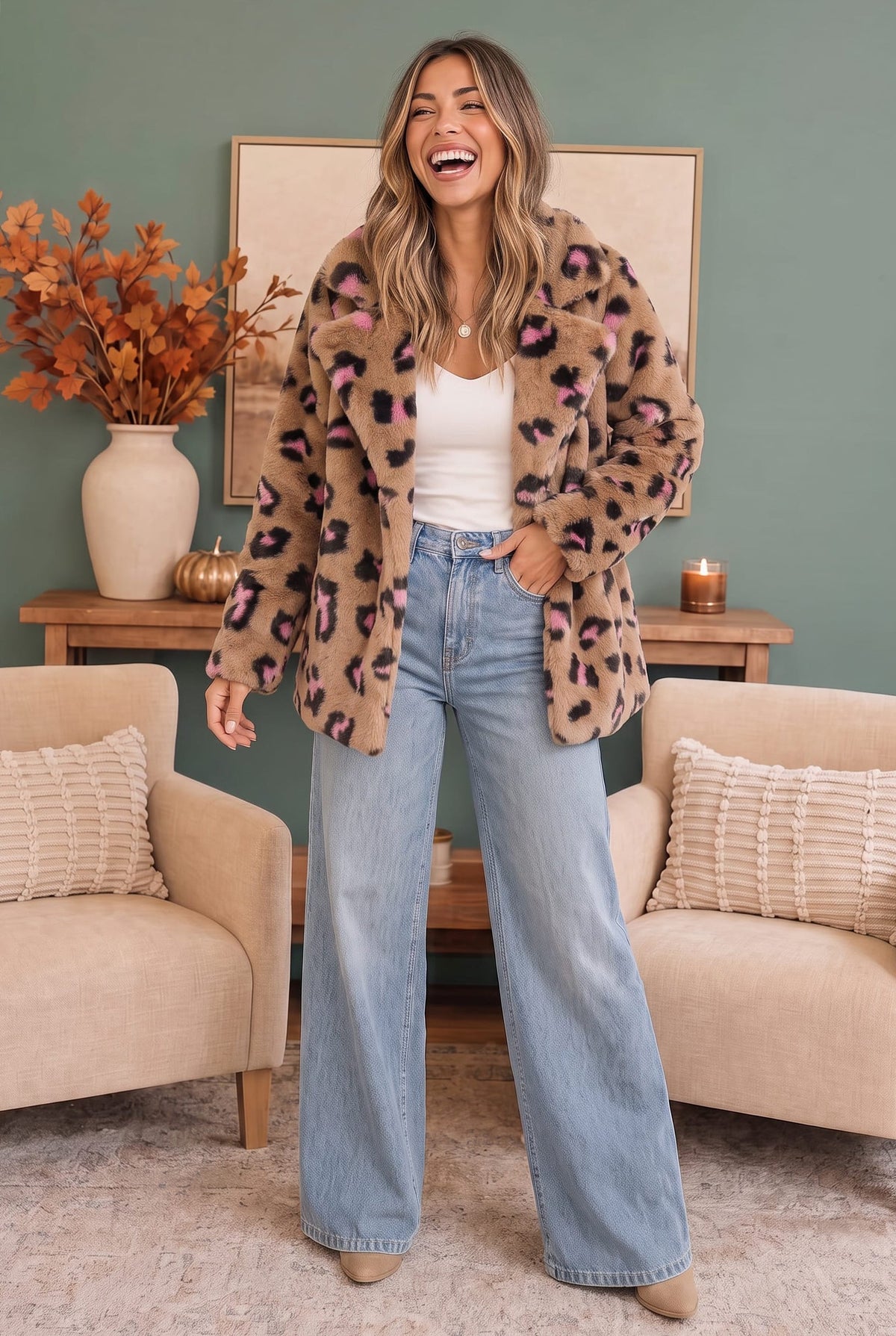A woman stands in a living room wearing a tan faux-fur leopard print jacket over a white tank top and light blue wide-leg jeans.