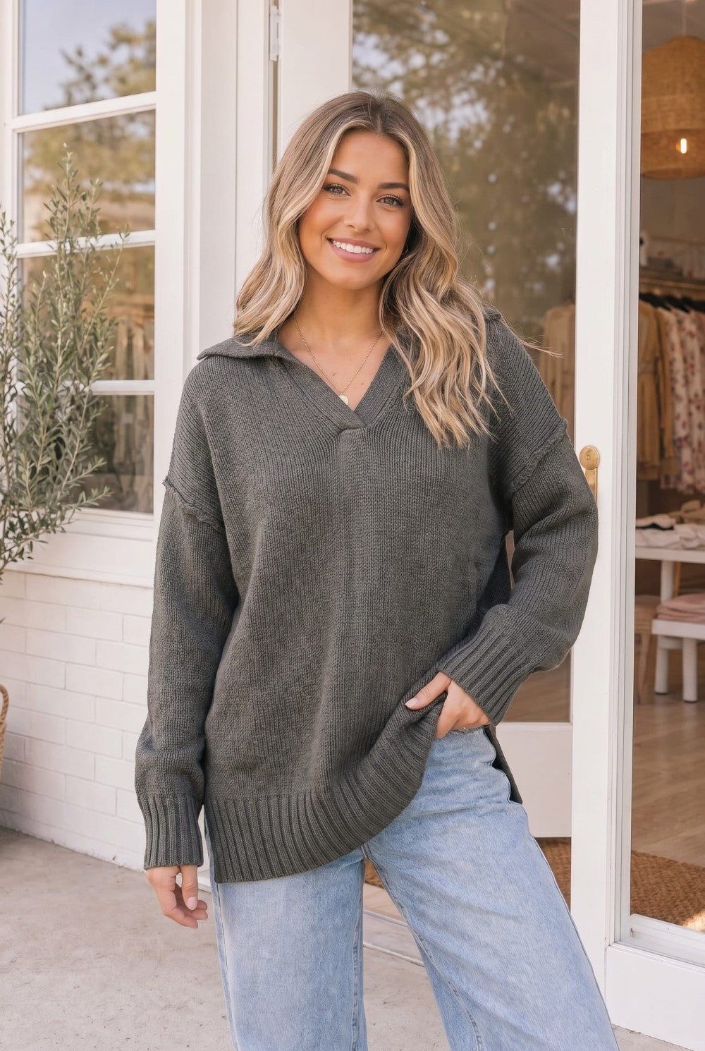 Collar Me Impressed Knit Sweater in Charcoal