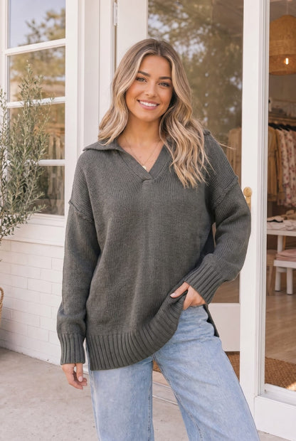 Collar Me Impressed Knit Sweater in Charcoal