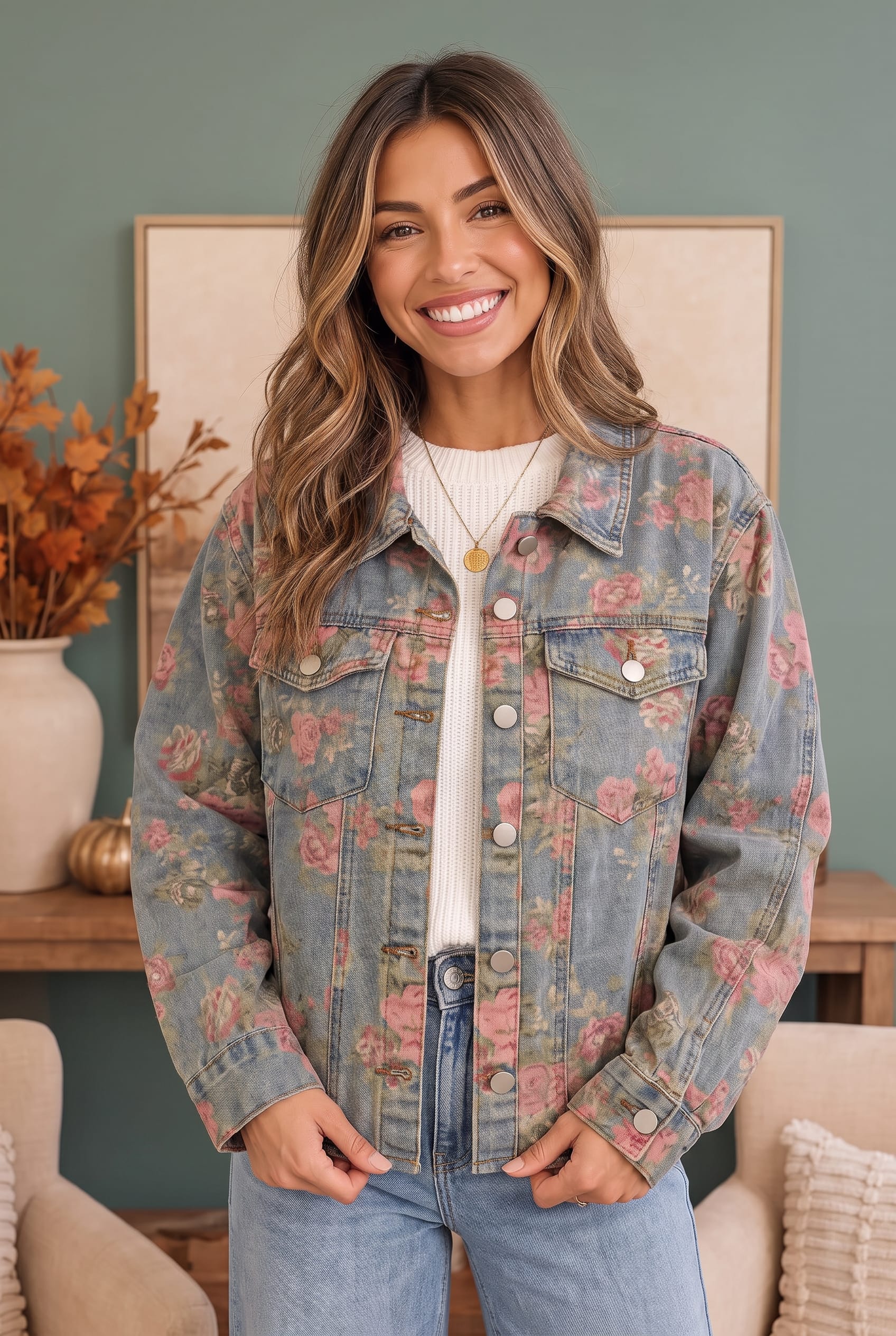 A woman wearing a light blue floral denim jacket over a white top and light blue jeans, standing in a cozy room with a sage green wall and framed art.