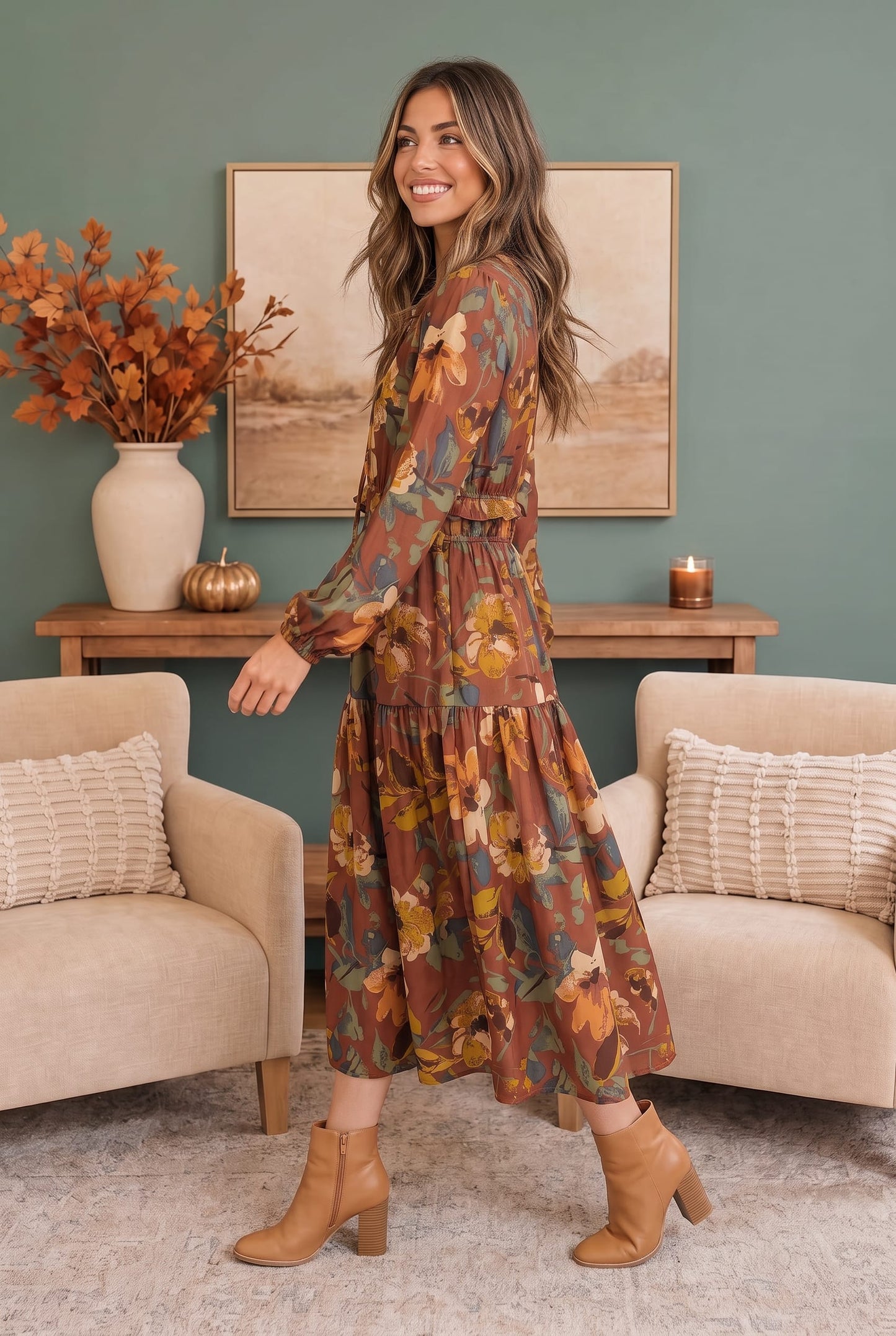 A woman modeling a long-sleeve, tiered midi dress with a brown, orange, and yellow floral pattern, standing in a cozy living room setting with beige armchairs and a green wall.