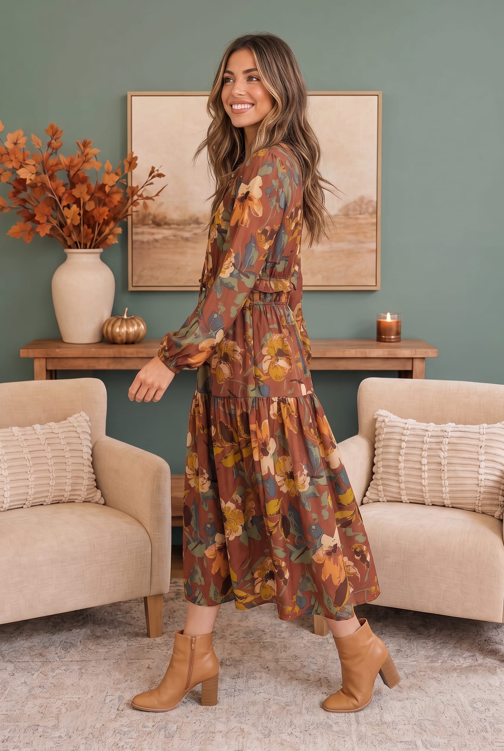 A woman modeling a long-sleeve, tiered midi dress with a brown, orange, and yellow floral pattern, standing in a cozy living room setting with beige armchairs and a green wall.