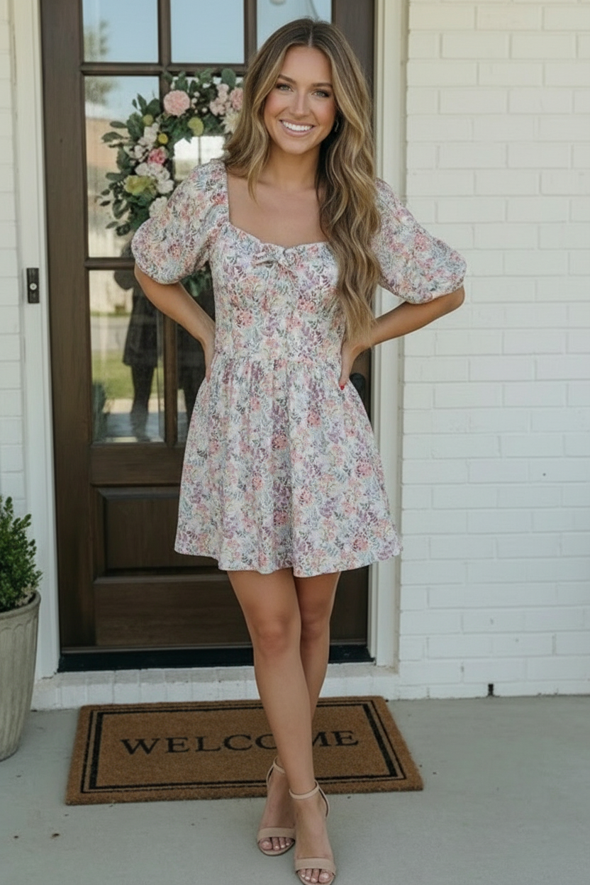 Woman in a floral dress standing on a porch with a 'Welcome' mat.