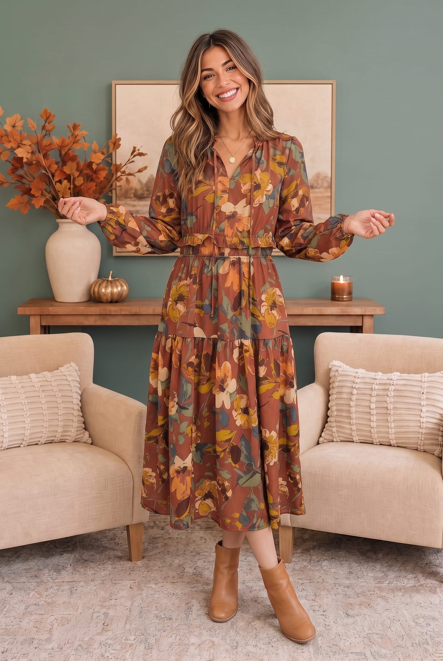 A woman stands in a living room wearing a long-sleeve tiered midi dress with a brown, orange, and yellow floral pattern. She is wearing tan ankle boots, with a wooden console table, beige armchairs, and a green wall behind her.