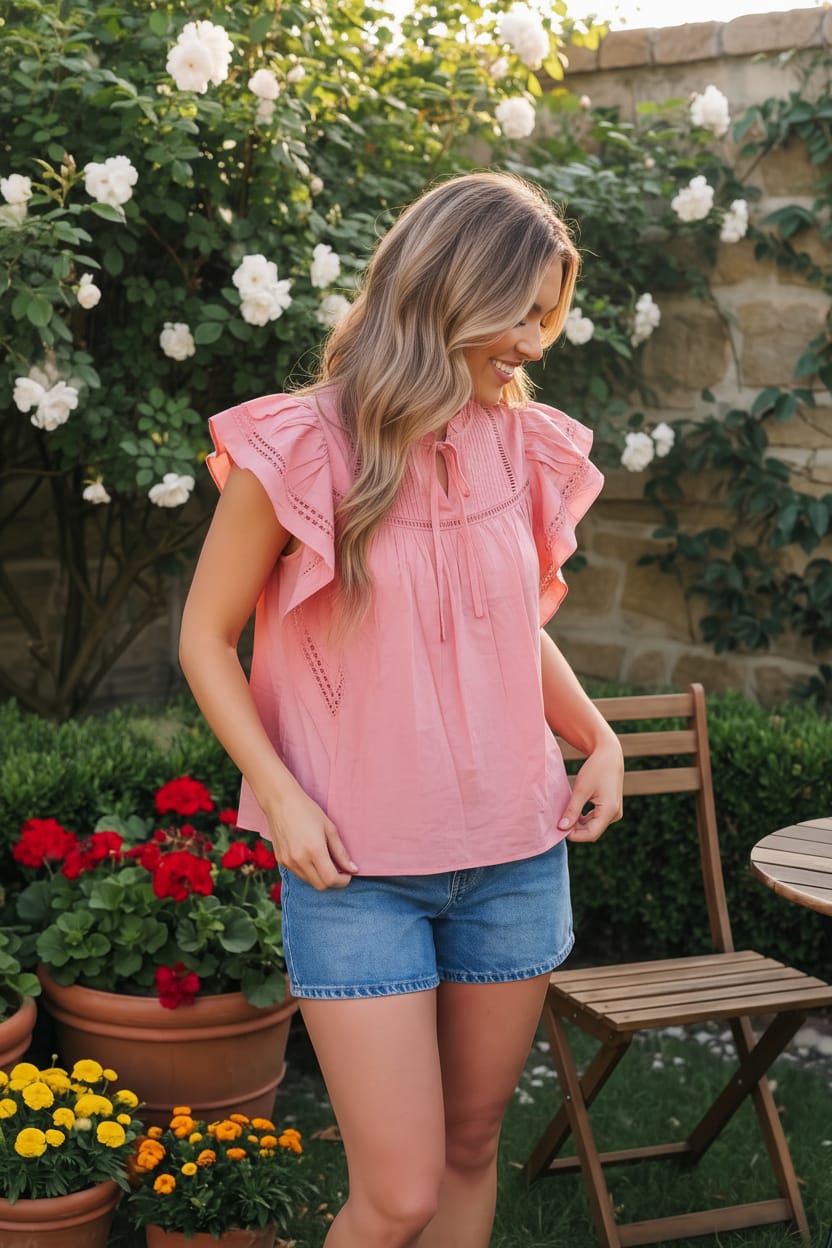 Woman wearing a pink top and denim shorts standing in a garden with flowers and a stone wall.