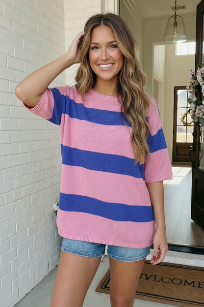 Skip the Line Pink and Blue Oversized Short Sleeve Sweater Top