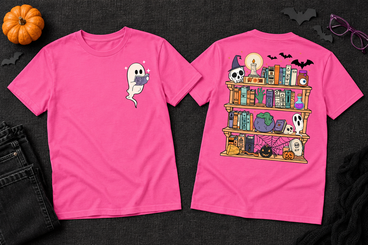 A bright pink short-sleeve T-shirt shown from both front and back on a dark textured background. The front has a small white ghost graphic with a purple cat on the left chest.