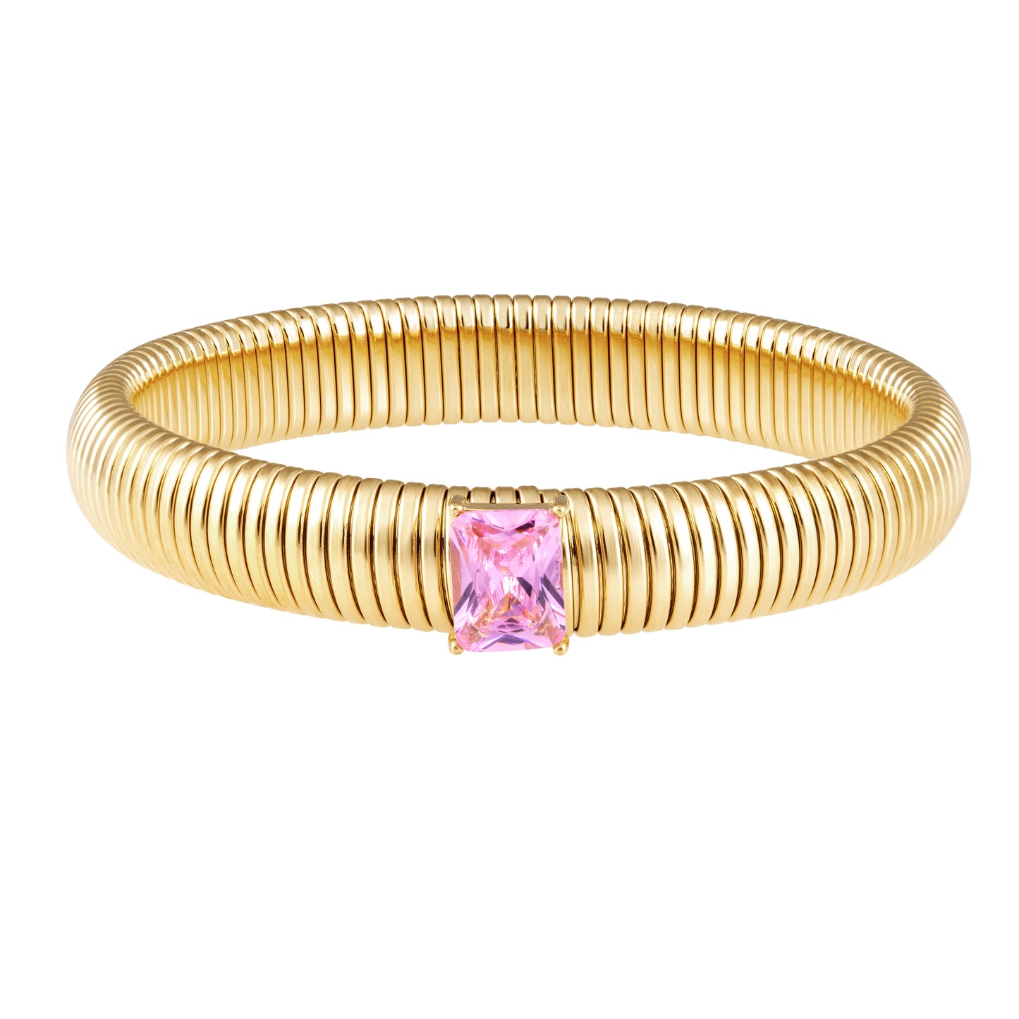 Gold bracelet with a pink gemstone on a white background