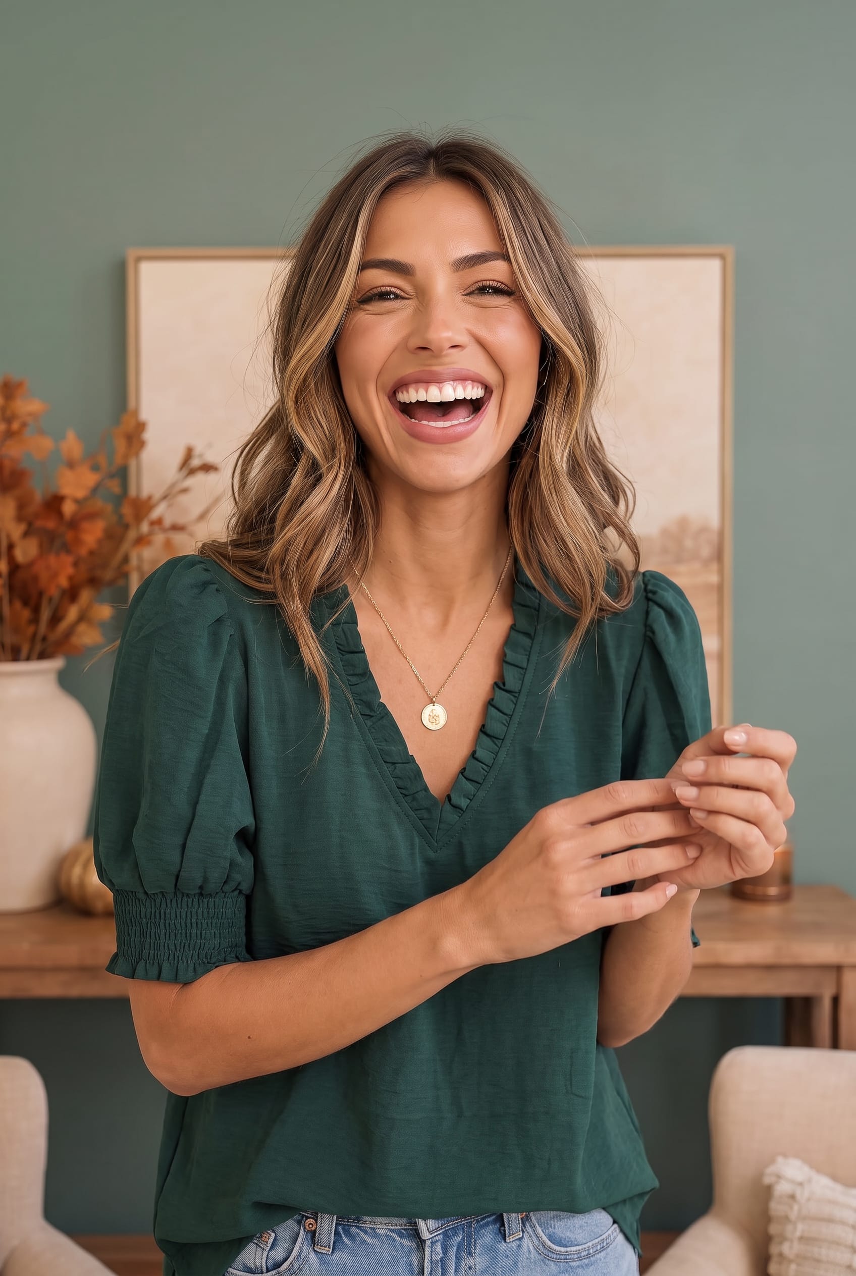 A woman with wavy brown hair is smiling and laughing while wearing a dark green puff-sleeve top with a ruffled V-neckline, paired with light blue jeans, in an indoor setting with a sage green wall and framed art in the background.