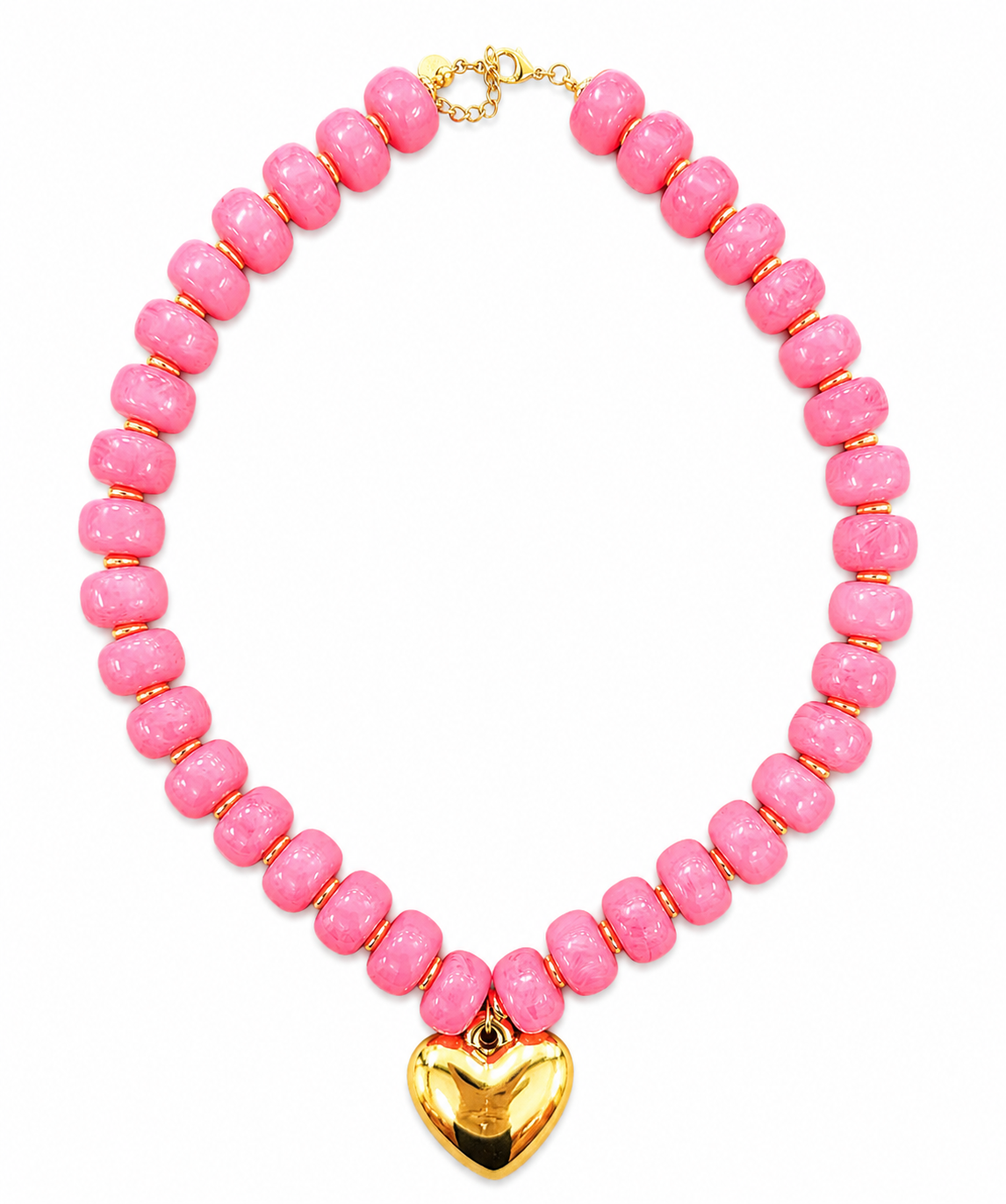 A pink beaded necklace with textured round beads and a shiny gold heart-shaped pendant, displayed on a clean white background.