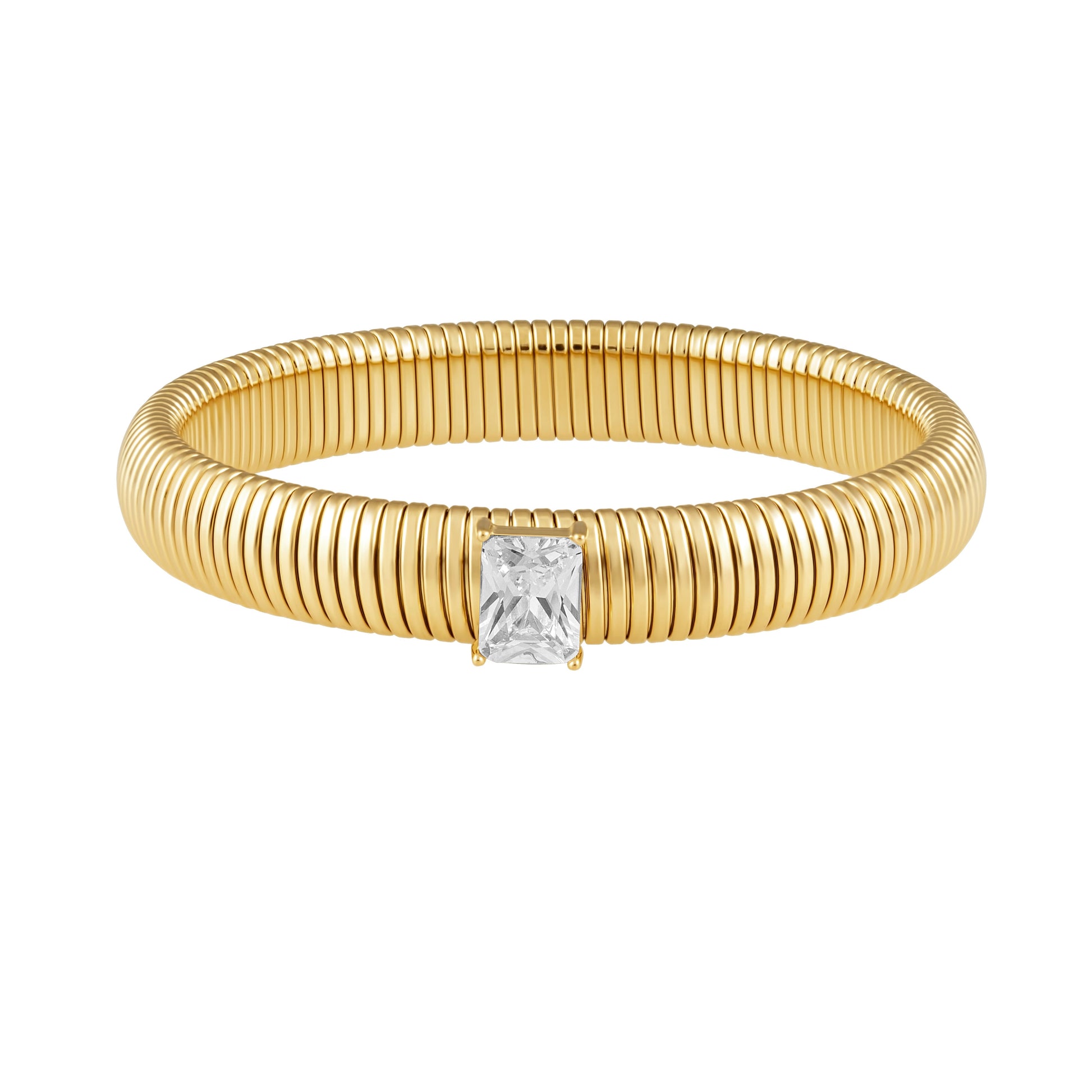 Gold bracelet with a central diamond on a white background