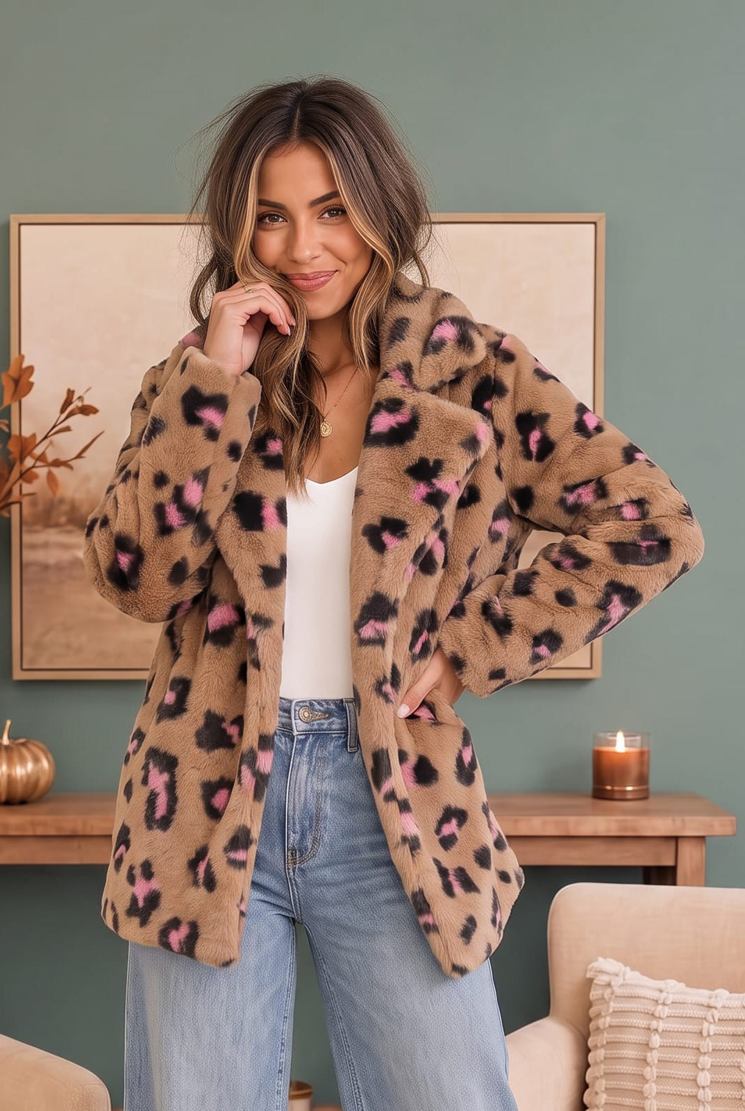 A woman wearing a plush faux-fur leopard print jacket in tan, black, and pink, styled with a white top and light blue jeans in a cozy living room setting.