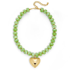 beaded lime green necklace with gold pendant heart and gold spacers