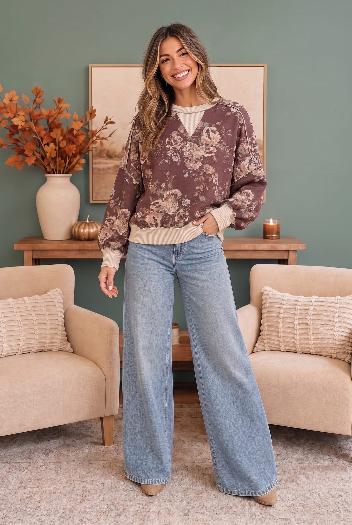 A woman stands in a styled living room wearing a brown floral long-sleeve sweatshirt with beige ribbed trim and light blue wide-leg jeans.