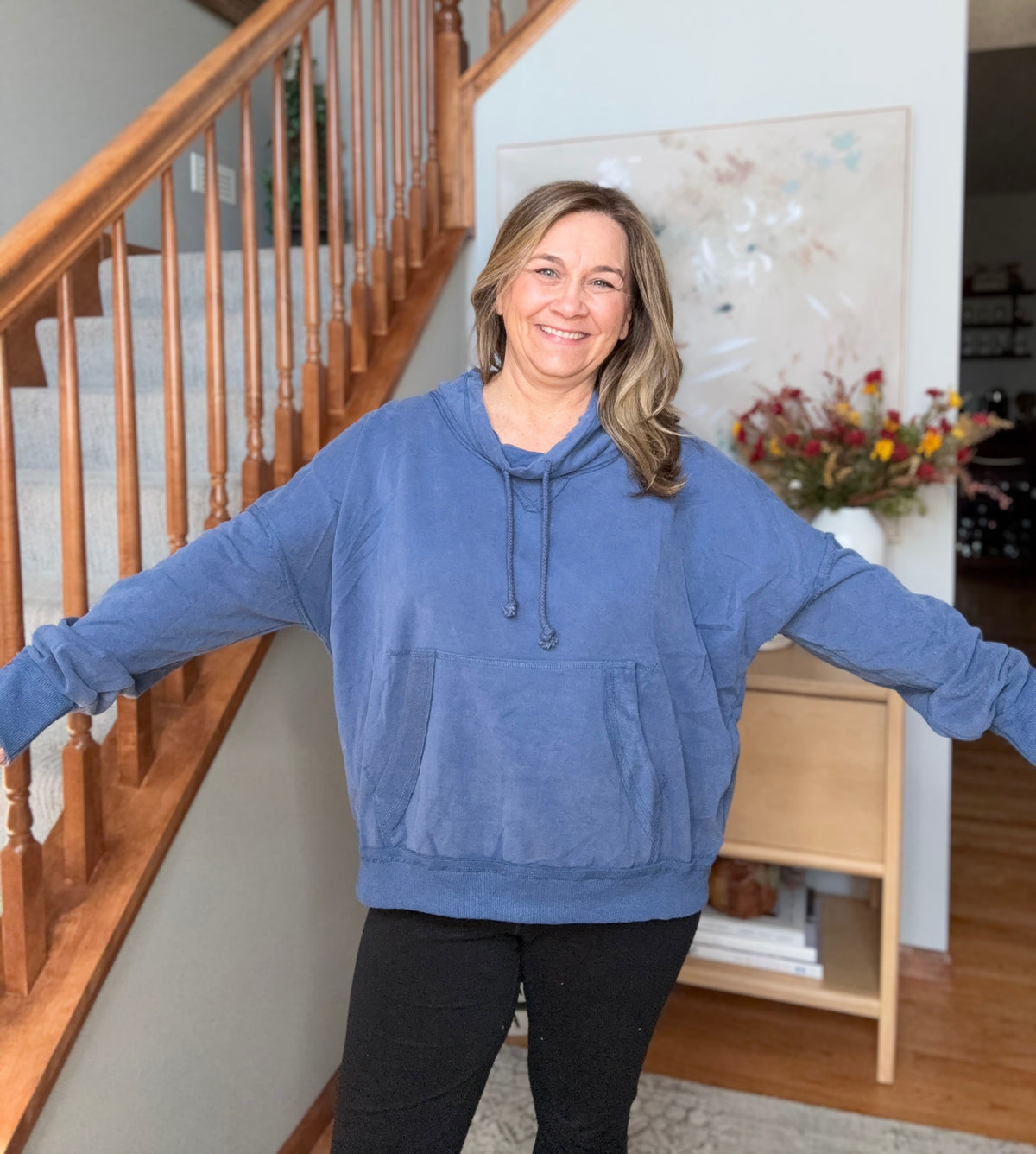 Hide and Seek Washed Cowl Neck Pullover in Blue